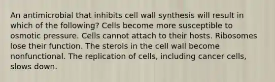 An antimicrobial that inhibits cell wall synthesis will result in which of the following? Cells become more susceptible to osmotic pressure. Cells cannot attach to their hosts. Ribosomes lose their function. The sterols in the cell wall become nonfunctional. The replication of cells, including cancer cells, slows down.