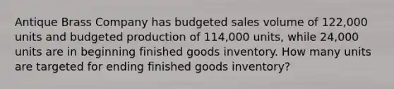 Antique Brass Company has budgeted sales volume of​ 122,000 units and budgeted production of​ 114,000 units, while​ 24,000 units are in beginning finished goods inventory. How many units are targeted for ending finished goods​ inventory?