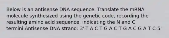 Below is an antisense DNA sequence. Translate the mRNA molecule synthesized using the genetic code, recording the resulting amino acid sequence, indicating the N and C termini.Antisense DNA strand: 3'-T A C T G A C T G A C G A T C-5'