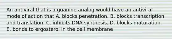 An antiviral that is a guanine analog would have an antiviral mode of action that A. blocks penetration. B. blocks transcription and translation. C. inhibits DNA synthesis. D. blocks maturation. E. bonds to ergosterol in the cell membrane