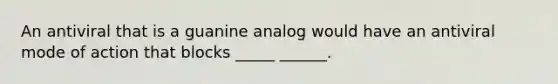 An antiviral that is a guanine analog would have an antiviral mode of action that blocks _____ ______.