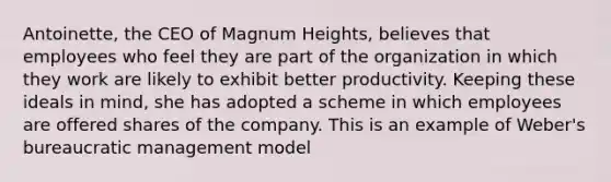 Antoinette, the CEO of Magnum Heights, believes that employees who feel they are part of the organization in which they work are likely to exhibit better productivity. Keeping these ideals in mind, she has adopted a scheme in which employees are offered shares of the company. This is an example of Weber's bureaucratic management model