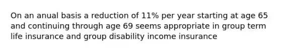 On an anual basis a reduction of 11% per year starting at age 65 and continuing through age 69 seems appropriate in group term life insurance and group disability income insurance