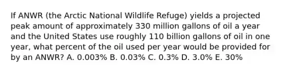 If ANWR (the Arctic National Wildlife Refuge) yields a projected peak amount of approximately 330 million gallons of oil a year and the United States use roughly 110 billion gallons of oil in one year, what percent of the oil used per year would be provided for by an ANWR? A. 0.003% B. 0.03% C. 0.3% D. 3.0% E. 30%