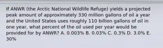 If ANWR (the Arctic National Wildlife Refuge) yields a projected peak amount of approximately 330 million gallons of oil a year and the United States uses roughly 110 billion gallons of oil in one year, what percent of the oil used per year would be provided for by ANWR? A. 0.003% B. 0.03% C. 0.3% D. 3.0% E. 30%