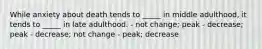 While anxiety about death tends to _____ in middle adulthood, it tends to _____ in late adulthood. - not change; peak - decrease; peak - decrease; not change - peak; decrease