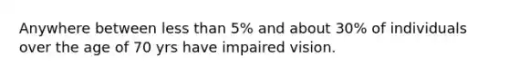 Anywhere between <a href='https://www.questionai.com/knowledge/k7BtlYpAMX-less-than' class='anchor-knowledge'>less than</a> 5% and about 30% of individuals over the age of 70 yrs have impaired vision.