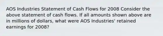 AOS Industries Statement of Cash Flows for 2008 Consider the above statement of cash flows. If all amounts shown above are in millions of dollars, what were AOS Industries' retained earnings for 2008?