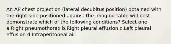 An AP chest projection (lateral decubitus position) obtained with the right side positioned against the imaging table will best demonstrate which of the following conditions? Select one: a.Right pneumothorax b.Right pleural effusion c.Left pleural effusion d.Intraperitoneal air