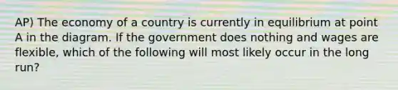 AP) The economy of a country is currently in equilibrium at point A in the diagram. If the government does nothing and wages are flexible, which of the following will most likely occur in the long run?