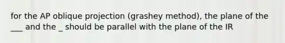 for the AP oblique projection (grashey method), the plane of the ___ and the _ should be parallel with the plane of the IR