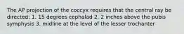 The AP projection of the coccyx requires that the central ray be directed: 1. 15 degrees cephalad 2. 2 inches above the pubis symphysis 3. midline at the level of the lesser trochanter