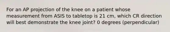 For an AP projection of the knee on a patient whose measurement from ASIS to tabletop is 21 cm, which CR direction will best demonstrate the knee joint? 0 degrees (perpendicular)