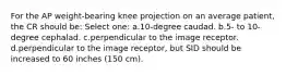 For the AP weight-bearing knee projection on an average patient, the CR should be: Select one: a.10-degree caudad. b.5- to 10-degree cephalad. c.perpendicular to the image receptor. d.perpendicular to the image receptor, but SID should be increased to 60 inches (150 cm).