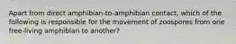 Apart from direct amphibian-to-amphibian contact, which of the following is responsible for the movement of zoospores from one free-living amphibian to another?