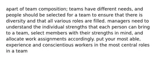 apart of team composition; teams have different needs, and people should be selected for a team to ensure that there is diversity and that all various roles are filled. managers need to understand the individual strengths that each person can bring to a team, select members with their strengths in mind, and allocate work assignments accordingly. put your most able, experience and conscientious workers in the most central roles in a team