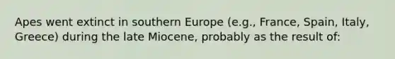 Apes went extinct in southern Europe (e.g., France, Spain, Italy, Greece) during the late Miocene, probably as the result of: