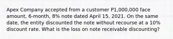 Apex Company accepted from a customer P1,000,000 face amount, 6-month, 8% note dated April 15, 2021. On the same date, the entity discounted the note without recourse at a 10% discount rate. What is the loss on note receivable discounting?