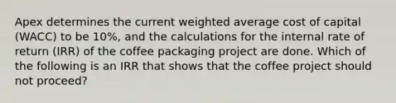 Apex determines the current weighted average cost of capital (WACC) to be 10%, and the calculations for the internal rate of return (IRR) of the coffee packaging project are done. Which of the following is an IRR that shows that the coffee project should not proceed?