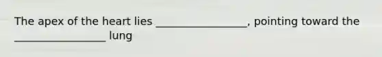 The apex of the heart lies _________________, pointing toward the _________________ lung