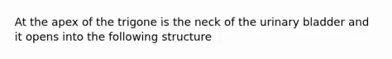 At the apex of the trigone is the neck of the urinary bladder and it opens into the following structure