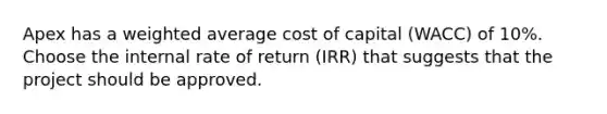 Apex has a weighted average cost of capital (WACC) of 10%. Choose the internal rate of return (IRR) that suggests that the project should be approved.