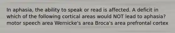 In aphasia, the ability to speak or read is affected. A deficit in which of the following cortical areas would NOT lead to aphasia? motor speech area Wernicke's area Broca's area prefrontal cortex