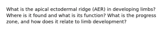 What is the apical ectodermal ridge (AER) in developing limbs? Where is it found and what is its function? What is the progress zone, and how does it relate to limb development?