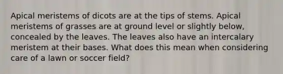 Apical meristems of dicots are at the tips of stems. Apical meristems of grasses are at ground level or slightly below, concealed by the leaves. The leaves also have an intercalary meristem at their bases. What does this mean when considering care of a lawn or soccer field?