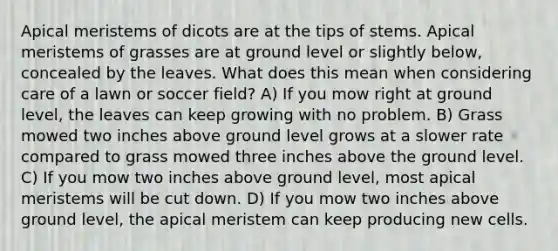 Apical meristems of dicots are at the tips of stems. Apical meristems of grasses are at ground level or slightly below, concealed by the leaves. What does this mean when considering care of a lawn or soccer field? A) If you mow right at ground level, the leaves can keep growing with no problem. B) Grass mowed two inches above ground level grows at a slower rate compared to grass mowed three inches above the ground level. C) If you mow two inches above ground level, most apical meristems will be cut down. D) If you mow two inches above ground level, the apical meristem can keep producing new cells.