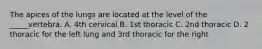 The apices of the lungs are located at the level of the _____vertebra. A. 4th cervical B. 1st thoracic C. 2nd thoracic D. 2 thoracic for the left lung and 3rd thoracic for the right