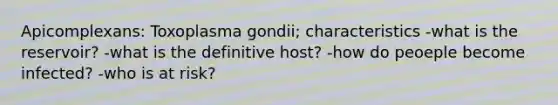 Apicomplexans: Toxoplasma gondii; characteristics -what is the reservoir? -what is the definitive host? -how do peoeple become infected? -who is at risk?