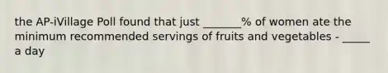 the AP-iVillage Poll found that just _______% of women ate the minimum recommended servings of fruits and vegetables - _____ a day