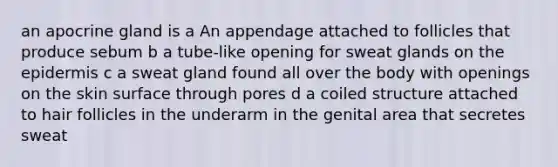 an apocrine gland is a An appendage attached to follicles that produce sebum b a tube-like opening for sweat glands on the epidermis c a sweat gland found all over the body with openings on the skin surface through pores d a coiled structure attached to hair follicles in the underarm in the genital area that secretes sweat