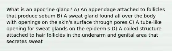 What is an apocrine gland? A) An appendage attached to follicles that produce sebum B) A sweat gland found all over the body with openings on the skin's surface through pores C) A tube-like opening for sweat glands on the epidermis D) A coiled structure attached to hair follicles in the underarm and genital area that secretes sweat