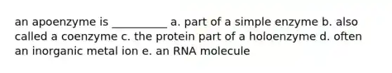 an apoenzyme is __________ a. part of a simple enzyme b. also called a coenzyme c. the protein part of a holoenzyme d. often an inorganic metal ion e. an RNA molecule