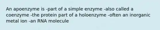 An apoenzyme is -part of a simple enzyme -also called a coenzyme -the protein part of a holoenzyme -often an inorganic metal ion -an RNA molecule