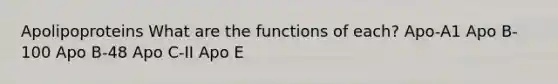 Apolipoproteins What are the functions of each? Apo-A1 Apo B-100 Apo B-48 Apo C-II Apo E