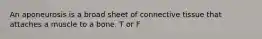 An aponeurosis is a broad sheet of connective tissue that attaches a muscle to a bone. T or F