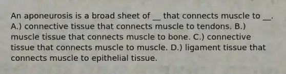 An aponeurosis is a broad sheet of __ that connects muscle to __. A.) <a href='https://www.questionai.com/knowledge/kYDr0DHyc8-connective-tissue' class='anchor-knowledge'>connective tissue</a> that connects muscle to tendons. B.) <a href='https://www.questionai.com/knowledge/kMDq0yZc0j-muscle-tissue' class='anchor-knowledge'>muscle tissue</a> that connects muscle to bone. C.) connective tissue that connects muscle to muscle. D.) ligament tissue that connects muscle to <a href='https://www.questionai.com/knowledge/k7dms5lrVY-epithelial-tissue' class='anchor-knowledge'>epithelial tissue</a>.