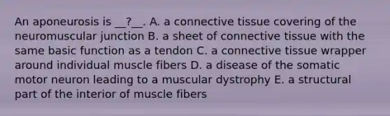 An aponeurosis is __?__. A. a connective tissue covering of the neuromuscular junction B. a sheet of connective tissue with the same basic function as a tendon C. a connective tissue wrapper around individual muscle fibers D. a disease of the somatic motor neuron leading to a muscular dystrophy E. a structural part of the interior of muscle fibers