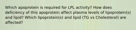 Which apoprotein is required for LPL activity? How does deficiency of this apoprotein affect plasma levels of lipoprotein(s) and lipid? Which lipoprotein(s) and lipid (TG vs Cholesterol) are affected?