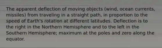 The apparent deflection of moving objects (wind, ocean currents, missiles) from traveling in a straight path, in proportion to the speed of Earth's rotation at different latitudes. Deflection is to the right in the Northern Hemisphere and to the left in the Southern Hemisphere; maximum at the poles and zero along the equator.