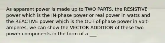 As apparent power is made up to TWO PARTS, the RESISTIVE power which is the IN-phase power or real power in watts and the REACTIVE power which is the OUT-of-phase power in volt-amperes, we can show the VECTOR ADDITION of these two power components in the form of a ___.