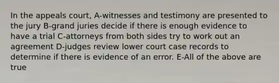 In the appeals court, A-witnesses and testimony are presented to the jury B-grand juries decide if there is enough evidence to have a trial C-attorneys from both sides try to work out an agreement D-judges review lower court case records to determine if there is evidence of an error. E-All of the above are true