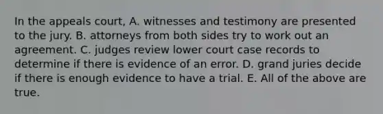 In the appeals court, A. witnesses and testimony are presented to the jury. B. attorneys from both sides try to work out an agreement. C. judges review lower court case records to determine if there is evidence of an error. D. grand juries decide if there is enough evidence to have a trial. E. All of the above are true.