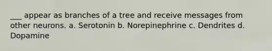 ___ appear as branches of a tree and receive messages from other neurons. a. Serotonin b. Norepinephrine c. Dendrites d. Dopamine