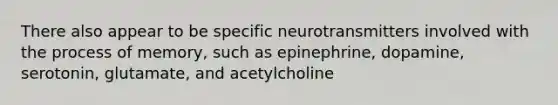 There also appear to be specific neurotransmitters involved with the process of memory, such as epinephrine, dopamine, serotonin, glutamate, and acetylcholine