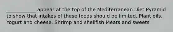 ____________ appear at the top of the Mediterranean Diet Pyramid to show that intakes of these foods should be limited. Plant oils. Yogurt and cheese. Shrimp and shellfish Meats and sweets