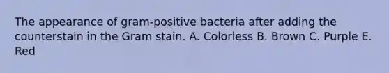 The appearance of gram-positive bacteria after adding the counterstain in the Gram stain. A. Colorless B. Brown C. Purple E. Red